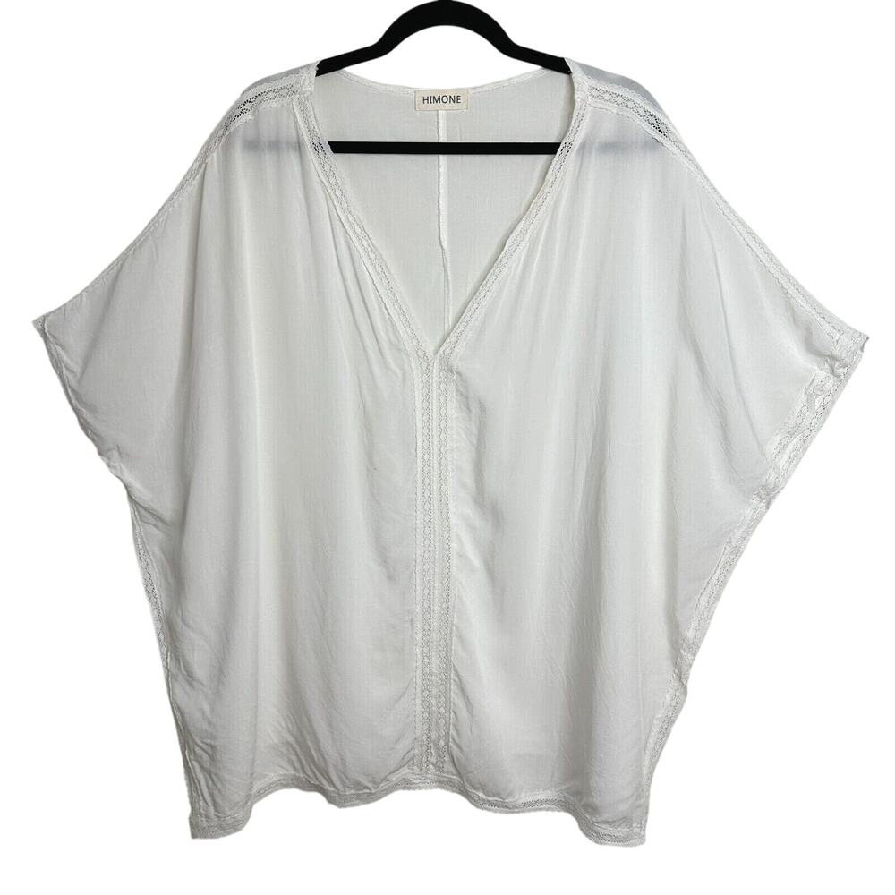Himone White Sleeveless V-Neck Crochet Lace Trim Boxy Top Beach Coverup OS